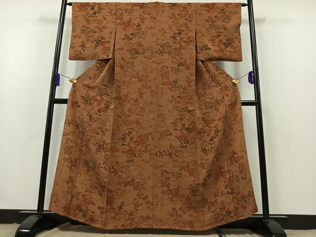 平和屋着物▽上質な小紋　単衣　型染め　草花文　鬼しぼ縮緬　正絹　逸品　AABB3593jh