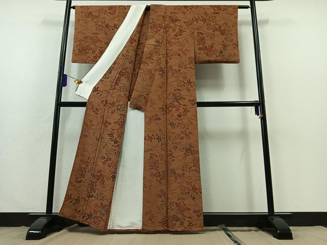 平和屋着物▽上質な小紋　単衣　型染め　草花文　鬼しぼ縮緬　正絹　逸品　AABB3593jh