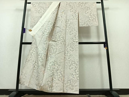 平和屋着物▽上質な紬 単衣 草花文 正絹 逸品 AABB3594jh