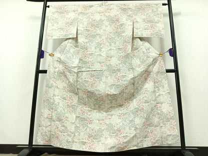 平和屋着物▽上質な紬　単衣　風景草花文　正絹　逸品　AABB3596jh