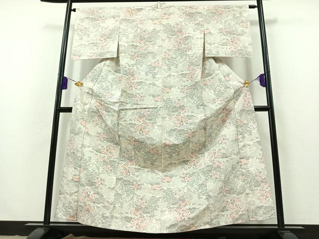 平和屋着物▽上質な紬　単衣　風景草花文　正絹　逸品　AABB3596jh