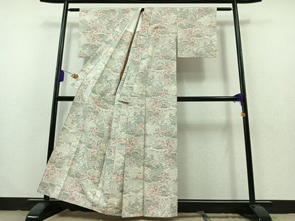 平和屋着物▽上質な紬　単衣　風景草花文　正絹　逸品　AABB3596jh