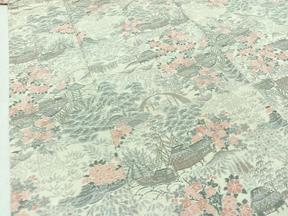平和屋着物▽上質な紬　単衣　風景草花文　正絹　逸品　AABB3596jh