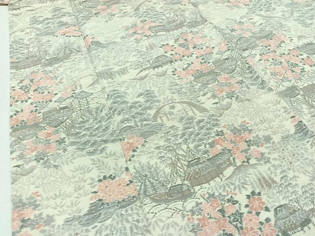 平和屋着物▽上質な紬　単衣　風景草花文　正絹　逸品　AABB3596jh