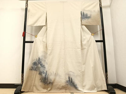 平和屋着物●訪問着　紬地　手描き　風景樹林文　正絹　逸品　AABB3678ph