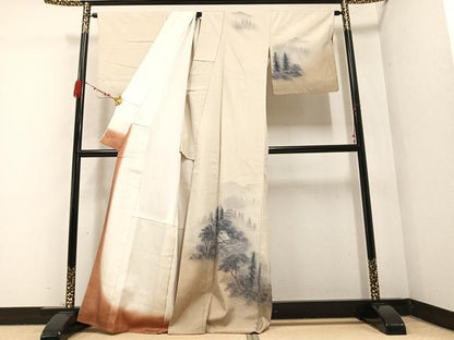 平和屋着物●訪問着　紬地　手描き　風景樹林文　正絹　逸品　AABB3678ph