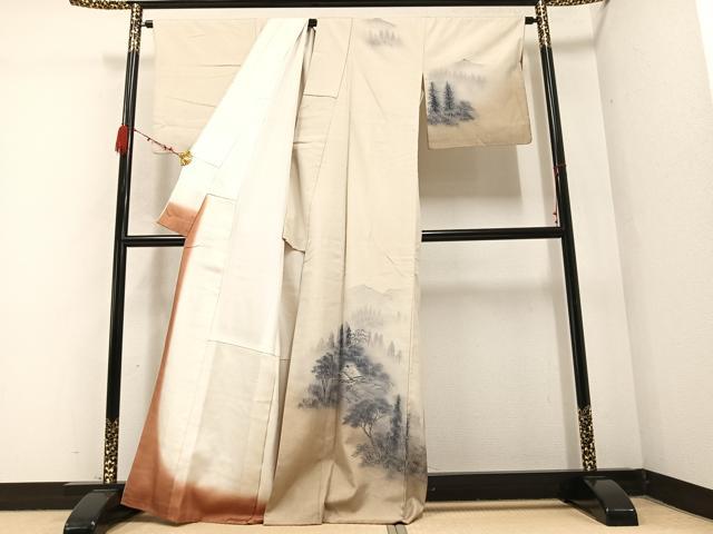 平和屋着物●訪問着　紬地　手描き　風景樹林文　正絹　逸品　AABB3678ph