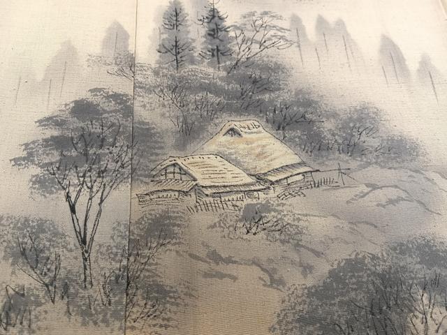平和屋着物●訪問着　紬地　手描き　風景樹林文　正絹　逸品　AABB3678ph