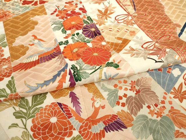 平和屋着物●豪華振袖　駒刺繍　几帳花鳥文　金彩　高島屋扱い　正絹　逸品　AABH9590ck 平和屋着物○豪華振袖 駒刺繍 几帳花鳥文 金彩 高島屋扱い 正絹 逸品