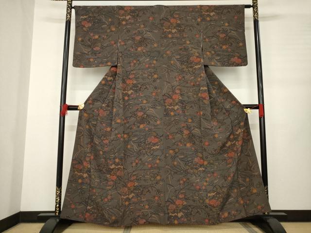 平和屋着物●上質な小紋　型染め　風景花文　正絹　逸品　AABB3815ck