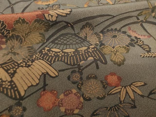 平和屋着物●上質な小紋　型染め　風景花文　正絹　逸品　AABB3815ck