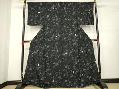 平和屋着物●上質な小紋 絞り 花唐草文 黒地 ますいわ屋扱い 正絹 逸品 未使用 AABB3821ck