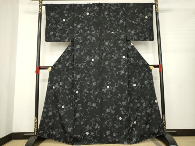 平和屋着物●上質な小紋 絞り 花唐草文 黒地 ますいわ屋扱い 正絹 逸品 未使用 AABB3821ck