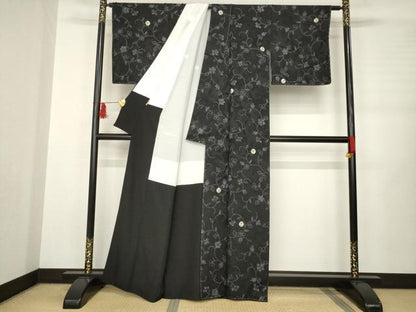 平和屋着物●上質な小紋 絞り 花唐草文 黒地 ますいわ屋扱い 正絹 逸品 未使用 AABB3821ck