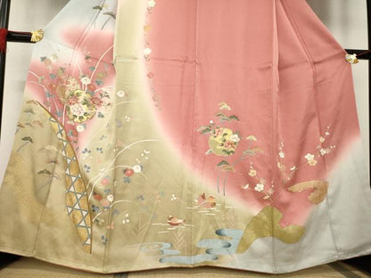 平和屋着物●訪問着　鴛鴦雪輪花文　暈し染め　金彩　正絹　逸品　AABB3855ck