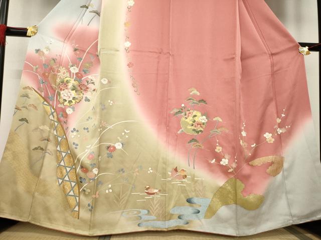 平和屋着物●訪問着　鴛鴦雪輪花文　暈し染め　金彩　正絹　逸品　AABB3855ck