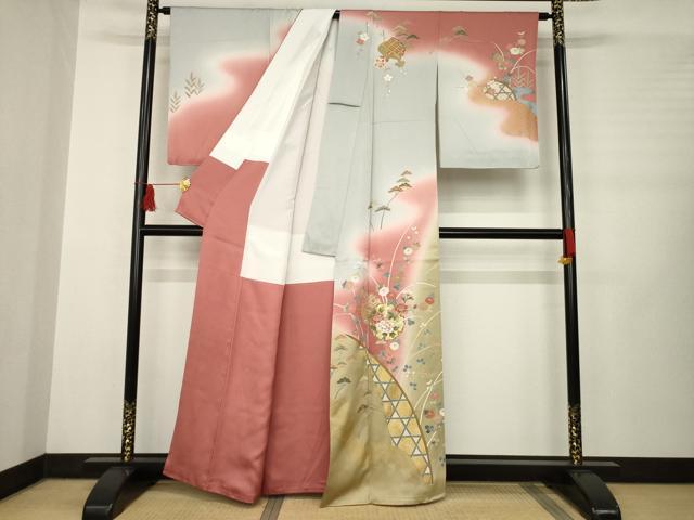 平和屋着物●訪問着　鴛鴦雪輪花文　暈し染め　金彩　正絹　逸品　AABB3855ck