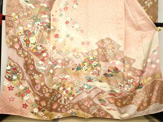 平和屋着物●豪華振袖 駒刺繍 絞り 雪輪鴛鴦花文 金彩 正絹 逸品 未使用 AABB3860ck