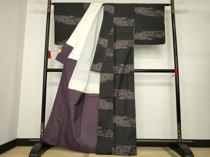 平和屋着物●本場大島紬 カタス7マルキ 横段風景文 黒地 正絹 逸品 AABB3876ck