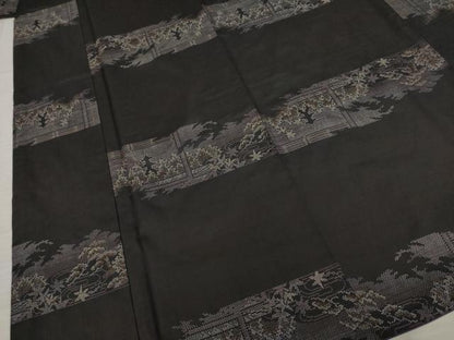平和屋着物●本場大島紬 カタス7マルキ 横段風景文 黒地 正絹 逸品 AABB3876ck