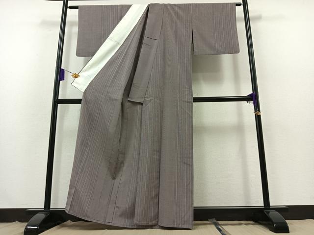 平和屋着物▽上質な紬　単衣　縞　正絹　逸品　AABB3882jh
