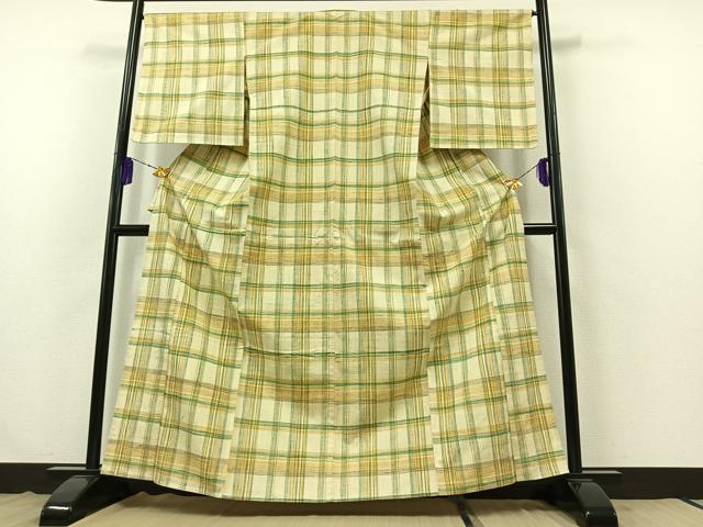 平和屋着物▽上質な紬 単衣 格子 正絹 逸品 AABB3885jh