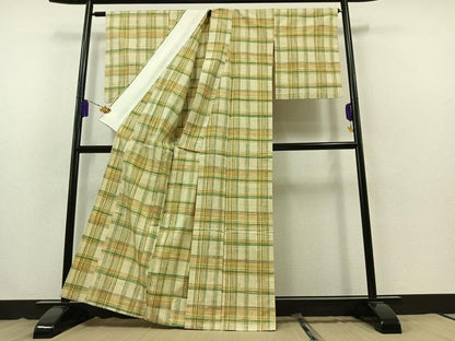 平和屋着物▽上質な紬 単衣 格子 正絹 逸品 AABB3885jh