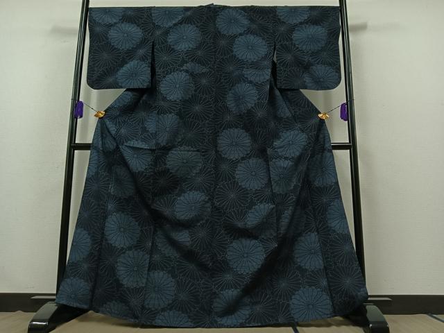 平和屋着物▽結城紬 単衣 菊文 正絹 逸品 AABB3890jh