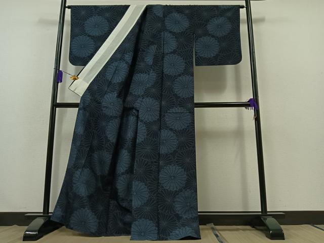 平和屋着物▽結城紬 単衣 菊文 正絹 逸品 AABB3890jh