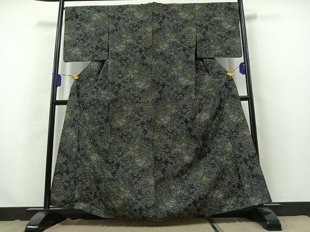 平和屋着物▽上質な紬 単衣 草花文 黒地 正絹 逸品 AABB3891jh