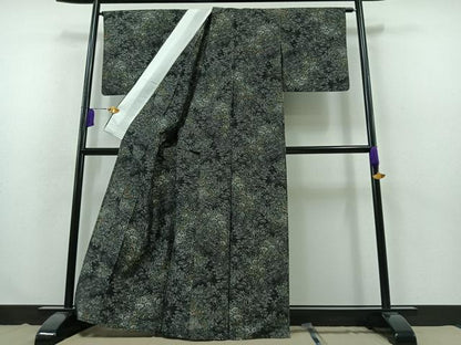 平和屋着物▽上質な紬 単衣 草花文 黒地 正絹 逸品 AABB3891jh
