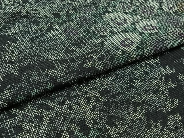 平和屋着物▽上質な紬 単衣 草花文 黒地 正絹 逸品 AABB3891jh