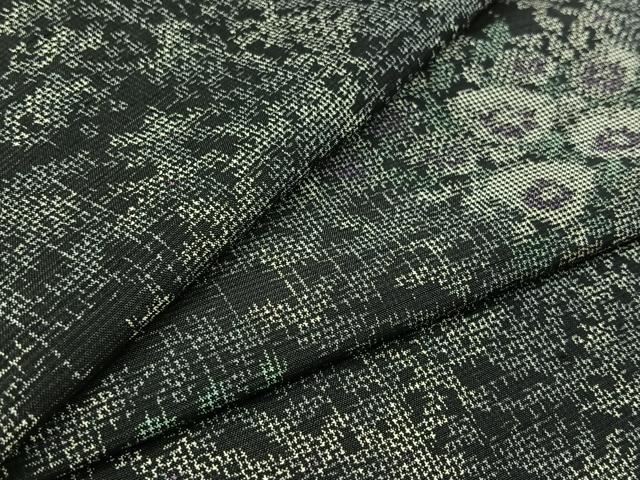 平和屋着物▽上質な紬 単衣 草花文 黒地 正絹 逸品 AABB3891jh