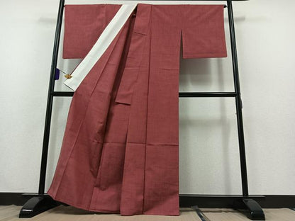 平和屋着物▽上質な紬 単衣 長春色 正絹 逸品 AABB3893jh