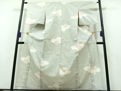 平和屋着物▽上質な紬 単衣 雲取り花文 正絹 逸品 AABB3895jh