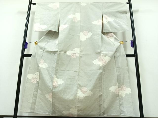 平和屋着物▽上質な紬 単衣 雲取り花文 正絹 逸品 AABB3895jh