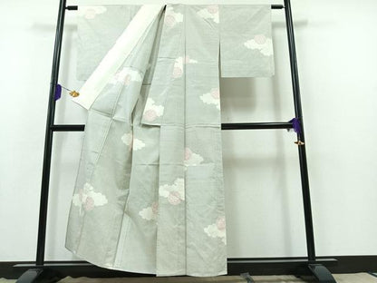 平和屋着物▽上質な紬 単衣 雲取り花文 正絹 逸品 AABB3895jh