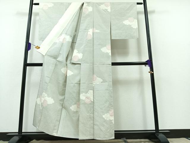 平和屋着物▽上質な紬 単衣 雲取り花文 正絹 逸品 AABB3895jh