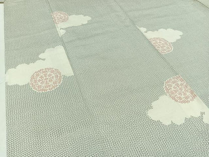 平和屋着物▽上質な紬 単衣 雲取り花文 正絹 逸品 AABB3895jh