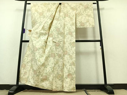 平和屋着物▽上質な紬 単衣 花唐草文 正絹 逸品 未使用 AABB3897jh