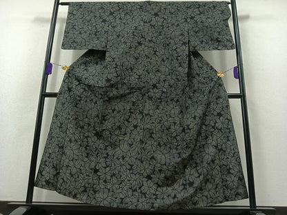 平和屋着物▽上質な紬　単衣　花づくし文　黒地　正絹　逸品　AABB3903jh