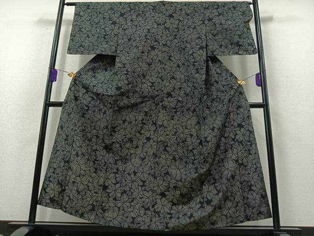 平和屋着物▽上質な紬　単衣　花づくし文　黒地　正絹　逸品　AABB3903jh