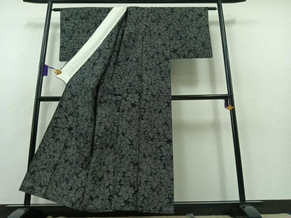 平和屋着物▽上質な紬　単衣　花づくし文　黒地　正絹　逸品　AABB3903jh