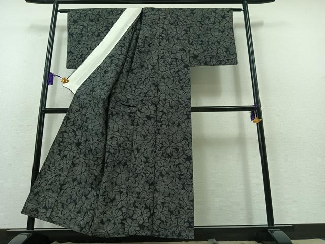 平和屋着物▽上質な紬　単衣　花づくし文　黒地　正絹　逸品　AABB3903jh