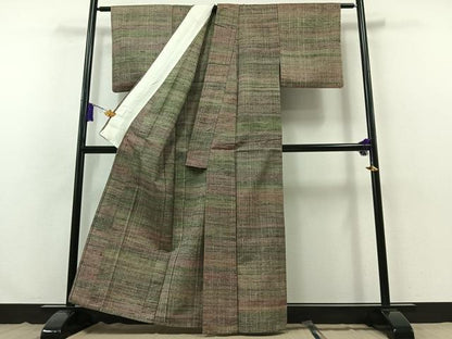 平和屋着物▽上質な紬 単衣 横段文 正絹 逸品 AABB3906jh