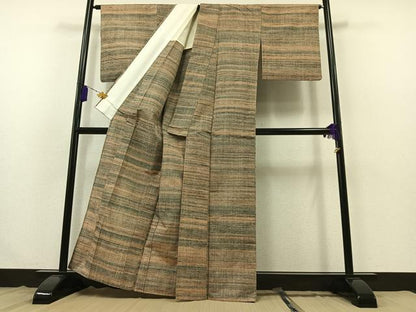 平和屋着物▽上質な紬 単衣 横段文 正絹 逸品 AABB3907jh