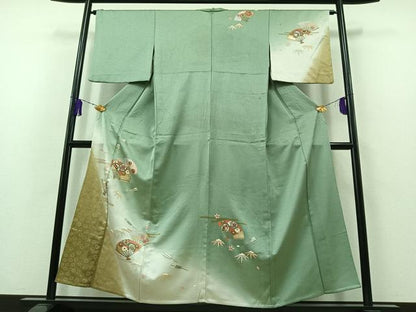 平和屋着物▽訪問着 単衣 駒刺繍 扇面花蝶文 暈し染め 金糸 金銀彩 正絹 逸品 AABB3909jh