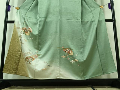平和屋着物▽訪問着 単衣 駒刺繍 扇面花蝶文 暈し染め 金糸 金銀彩 正絹 逸品 AABB3909jh