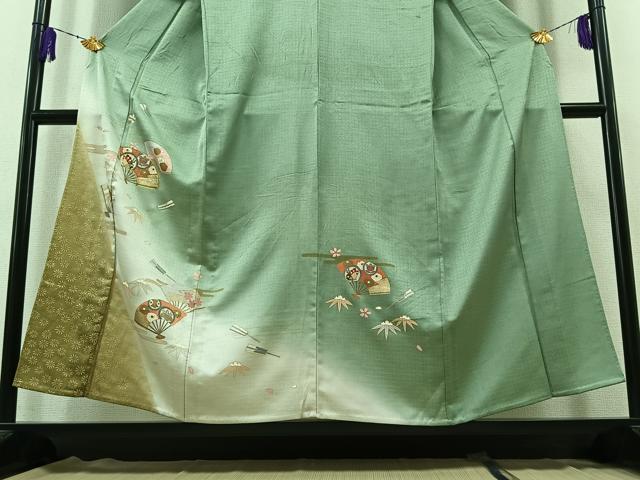 平和屋着物▽訪問着 単衣 駒刺繍 扇面花蝶文 暈し染め 金糸 金銀彩 正絹 逸品 AABB3909jh