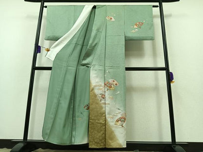 平和屋着物▽訪問着 単衣 駒刺繍 扇面花蝶文 暈し染め 金糸 金銀彩 正絹 逸品 AABB3909jh